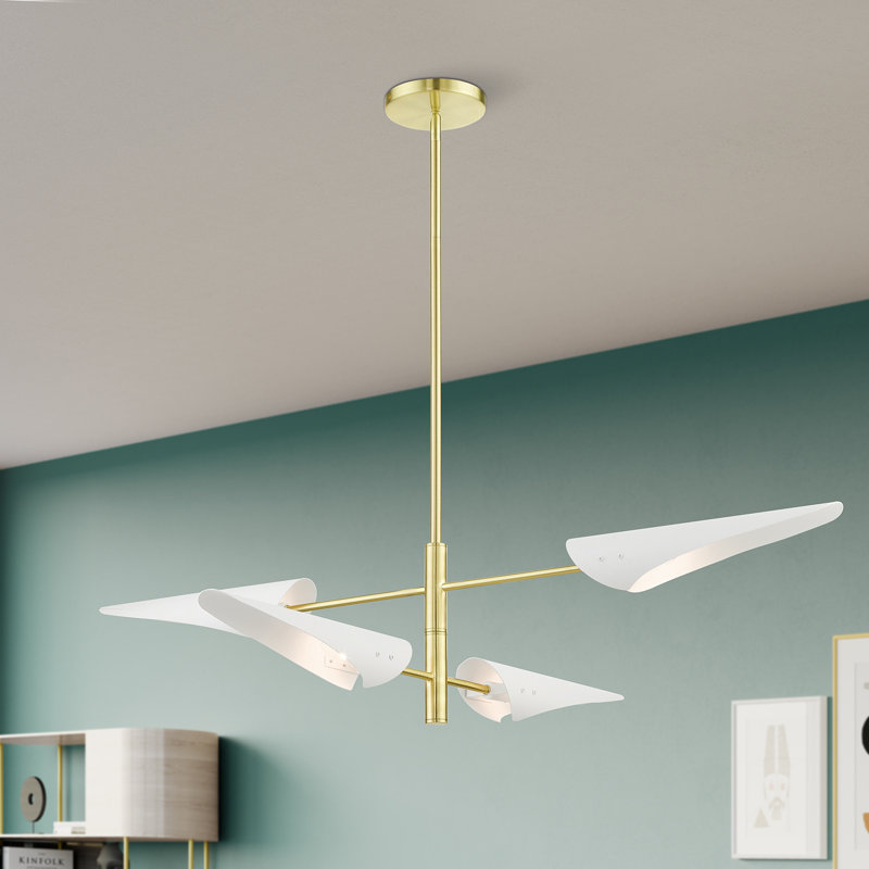 Lustre linéaire moderne unique à 4 lumières Cortina, Laiton satiné, Blanc