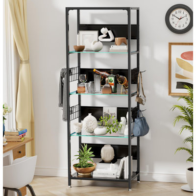 Étagère en verre à 4 niveaux avec lumières RVB, armoire vitrée lumineuse à DEL avec boîte de rangement réglable et crochets, étagère sur pied en métal pour objets de collection, plantes, livres, salon, chambre à coucher, bureau