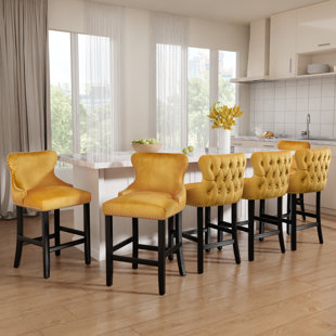 Velvet Upholstered Solid Wood Kitchen Bar Stools  (Set of 6)