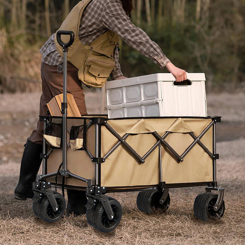 Collapsible Folding Wagon, Push Pull Foldable Beach Wagon Cart, Grayish Brown