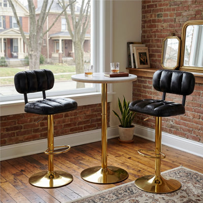 Adjustable Bar Height Set, Round White Marble Pub Table With Gold Chrome Leg & 2 Black Padded Pu Leather Bar Stools With Swivel Function, Bistro Set For Small Spaces