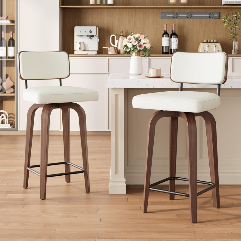 Ensemble de 2 tabourets de bar pivotants blancs, hauteur de comptoir 26 po, similicuir, pieds en noyer, grands coussins