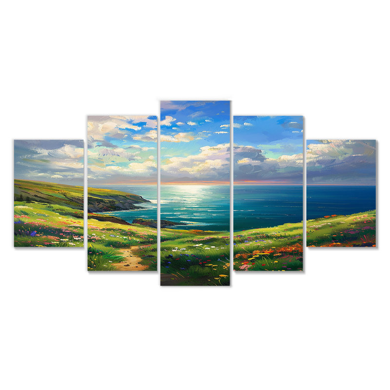 «Flowerful Mountain Path To Blue Ocean White Sky - River Mountain», ensemble d'art mural 5 pièces