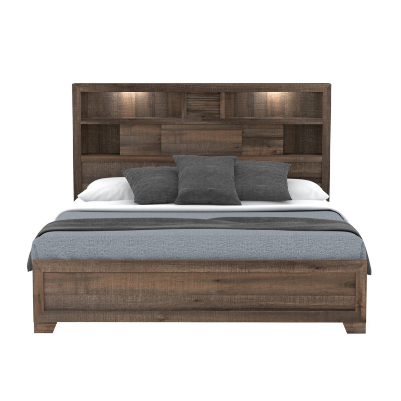 Kayna Rustic Bookcase Bed in Brown with USB Charging and LED Lights, King