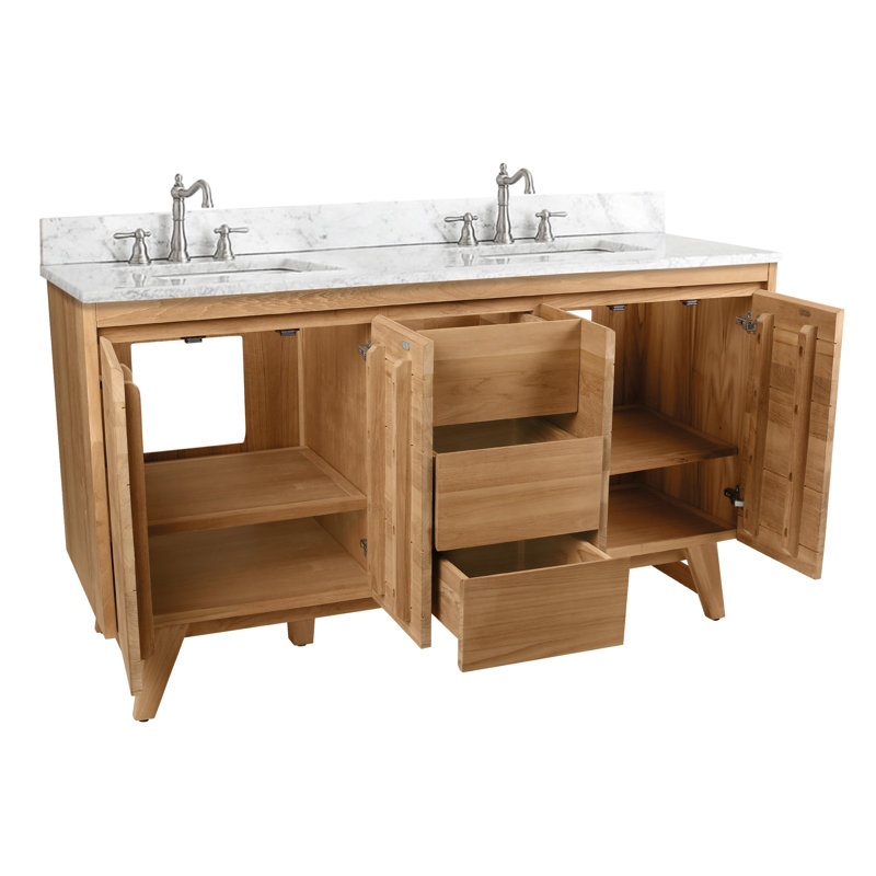 Meuble-lavabo double 60 po avec plateau en marbre de Carrare Saeko, Teck naturel