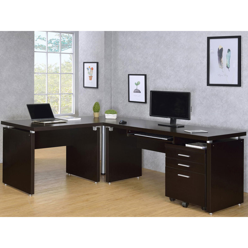 2-piece Home Office Set L-Shape Desk with File Cabinet Cappuccino