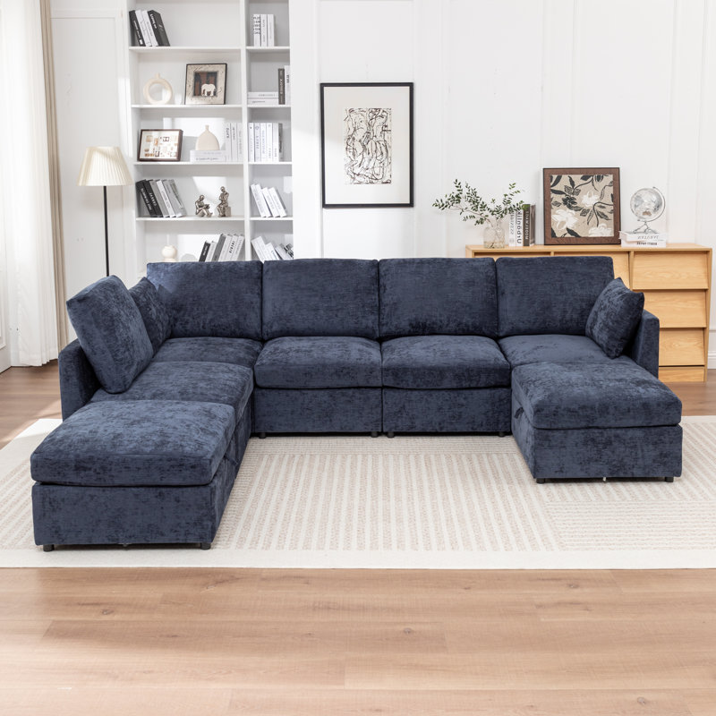 Canapé modulaire en U rembourré en X avec deux repose-pieds de rangement Miller, H 33 po x l 112 po x P 80 po, Bleu