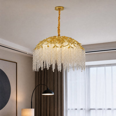 Lustre à 8 lumières en cristal doré à la feuille, suspension en cristal à pampilles
