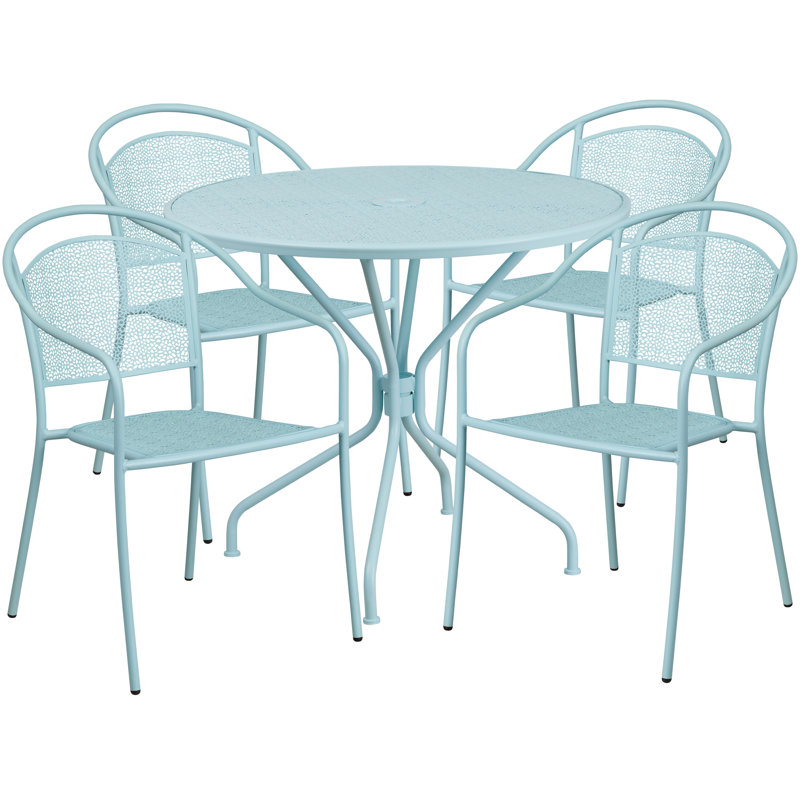 Chanea 35.25" W Round 4-Person Patio Dining Set with Stackable Chairs, Sky Blue