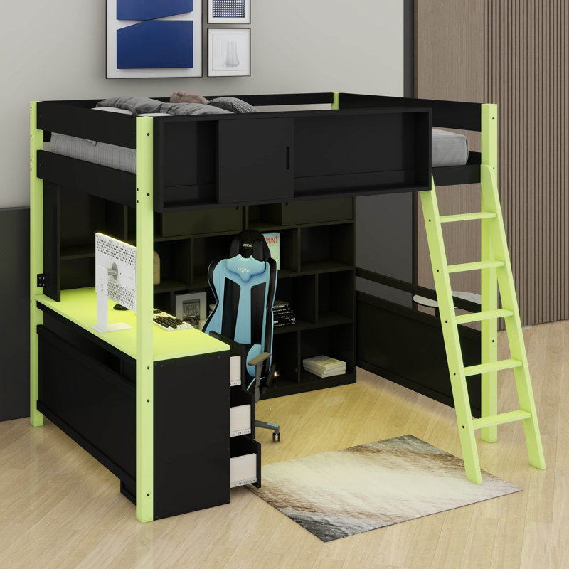 Wood Loft Bed With Desk & Storage, Built-In Bookshelf And LED Lighting For Kids Teens Adults, Green