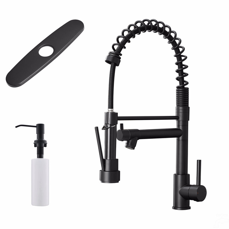 Kitchen Sink Faucet With Soap Dispenser, Kitchen Faucet With Pull Down Sprayer 2 Modes 304 Stainless Steel Single Handle Single Hole Pull Down Black Faucet