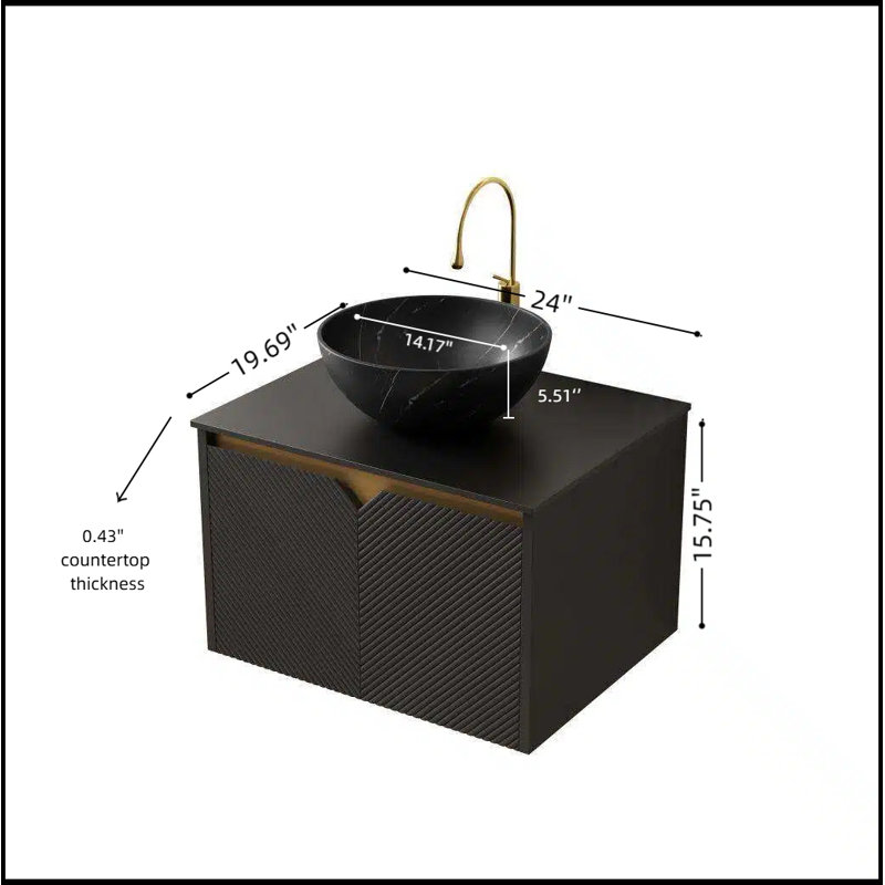 Bathroom Vanity&sink, Wall-mounted Floating Plywood Storage Cabinet, Twill Double Doors With Metal Trim, Black Bowl Ceramic Vessel Basin With Stone Pattern&black Top