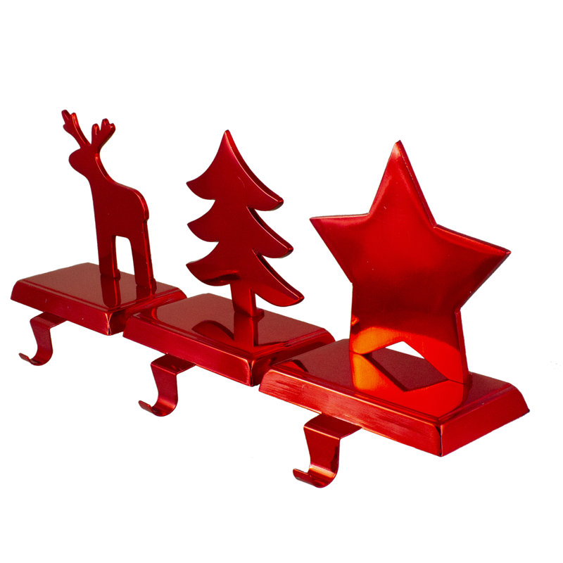 Reindeer Christmas Tree and Star Metallic Red Christmas Stocking Holders