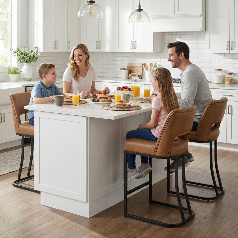 Modern Counter Height Barstools with Cutout Back, Comfy Faux Leather Kitchen Island Stool with Metal Frame, Set of 4, Brown