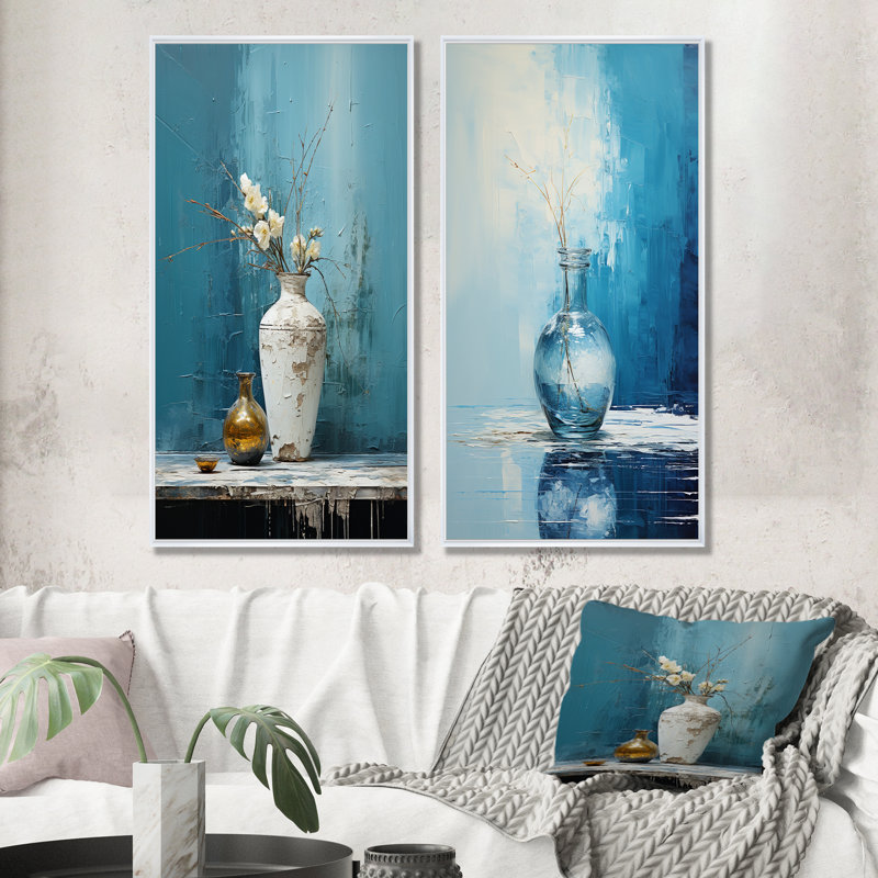 Ensemble de 2 décorations murales bleues et blanches Boho Pottery I, H 28 po x l 25 po, Cadre flottant blanc