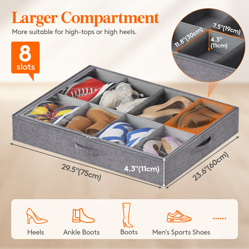 Under Bed Shoe Storage Organizer Fits 8 Pair Boots, 4.3 Inches Tall Sturdy Structure Ultra Thick Fabic Sneaker Storage, Foldable Underbed Shoe Boxes For High-Tops, Heels, Sports Shoes 3 Pack