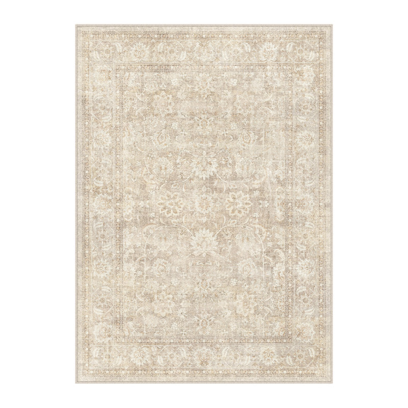 Tapis Rosalie lavable à la machine, motif floral vintage, avec envers antidérapant, Beige, Rectangle 3 po x 5 po