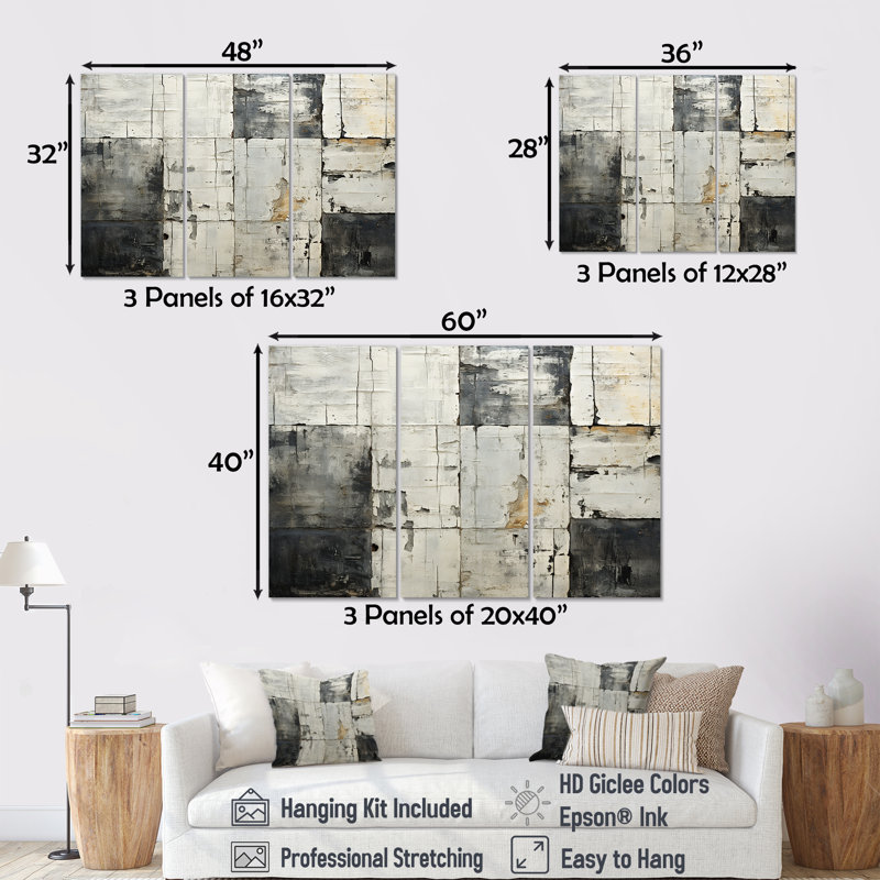 Carreau abstrait géométrique blanc et gris II - mosaïque boho, Toile tendue, H 40 po x l 61 po x P 1 po
