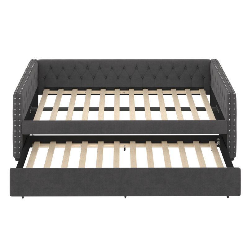 Lit de jour double, canapé-lit capitonné capitonné avec couchette, lit de jour avec bouton et clou en cuivre sur accoudoirs carrés, lit de jour double avec couchette simple