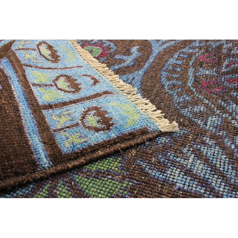 Tapis unique en laine noué à la main bleu / brun 4 pi x 6 pi années 2010 Quindon