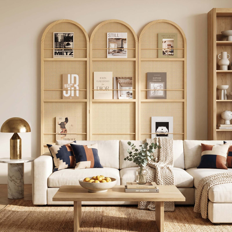 67" Arched Top Folding Room Divider with Magazine & Vinyl Display Rails, Nature