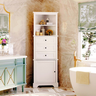 Grande armoire triangulaire blanche avec 3 tiroirs et tablettes réglables, idéale pour la salle de bain, la cuisine ou le salon.