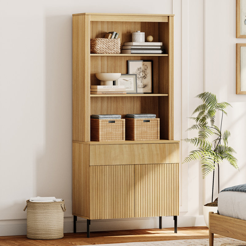 Bibliothèque moderne de 71,6 po à 5 niveaux avec armoire de rangement, vitrine en bois avec portes cannelées et tiroir, bibliothèque polyvalente pour le salon, le bureau et le bureau