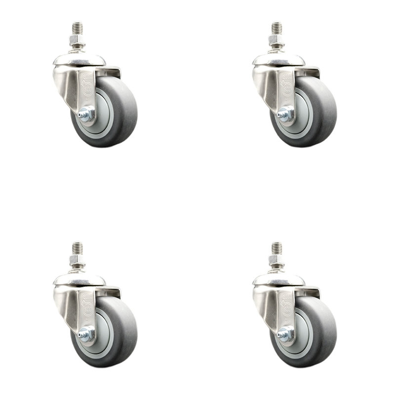 316SS Thermoplastic Rubber Wheel Swivel Threaded Stem Caster Set, 3.5" diameter