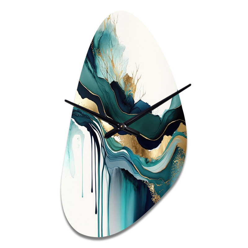 Teal And Gold Abstract Expression IV - Fall Shape Large Turquoise Wall Clock - Unique Shape, Moyenne