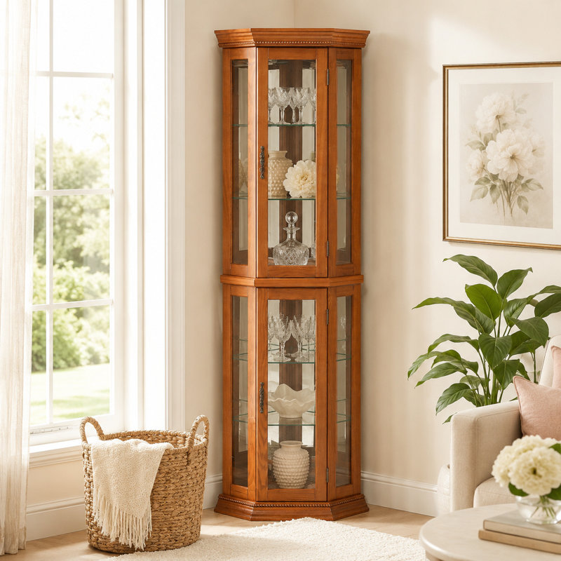 Vitrine de coin lumineuse classique avec tablettes réglables en verre, chêne, Chêne