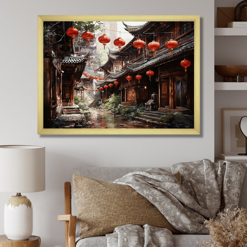 «China Red Lantern II» - impression, H 34 po x l 44 po x P 1,5 po, Encadrement doré