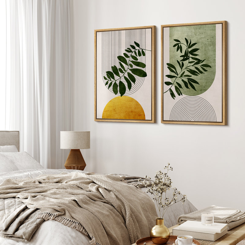 Mid Century Modern Boho Green Yellow Bright Plant Art Framed Canvas 2 Pieces Print  Wall Art Set, 32" W x 24" H