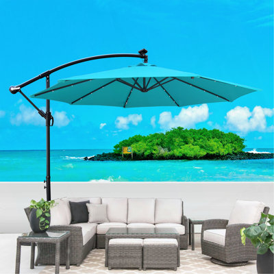 Parasol de terrasse à énergie solaire 10 pi avec parasol 8 lumières à DEL avec manivelle et base transversale pour terrasse de jardin et abri de piscine extérieur