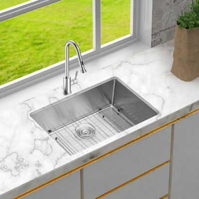 27 Inch 16 Gauge 304 Stainless Steel Undermount Sink, Single Bowl, 10 Deep, X - Shaped Drainage System, R10 Rounded Corner Style, Condensation Coating, 3Mm Noise Canceling Pad, Dish Grid, Drain, Rack