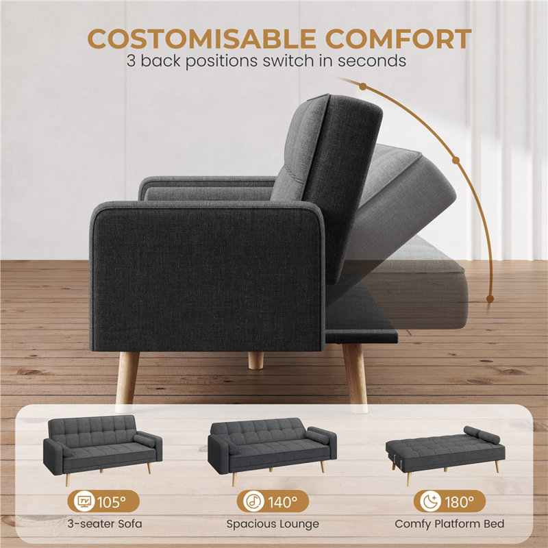 Moda Form 185Cm Square Arms Sofa Bed, Dark Grey Polyester