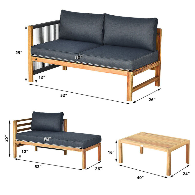 Menzel Acacia Wood 3 - Person Patio Conversation Set with Cushions