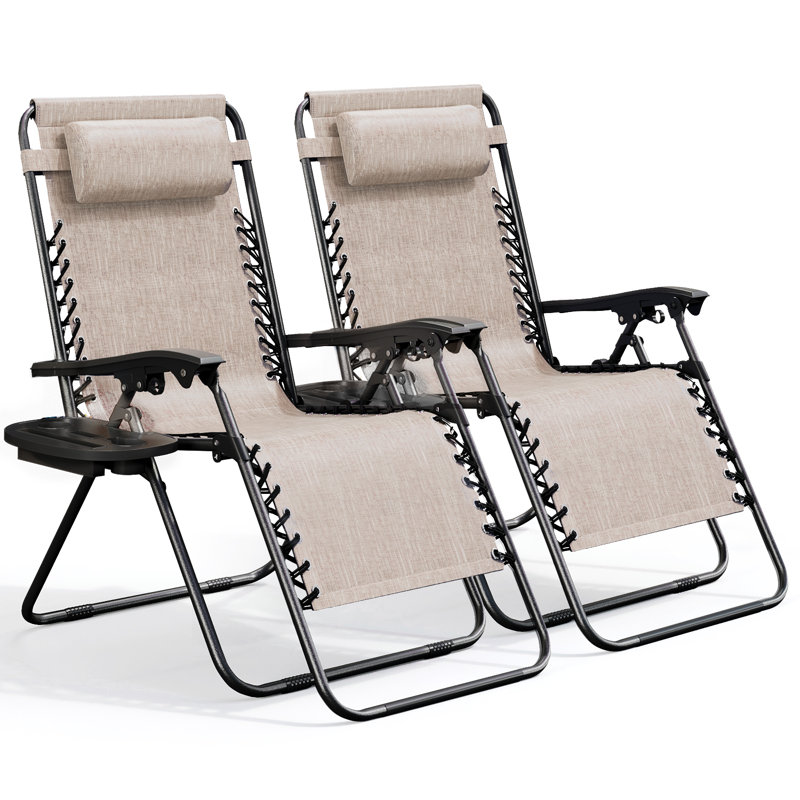 Nestl Zero Gravity Reclining Outdoor Patio Chairs with Pillows & Cup Holder Trays, Beige