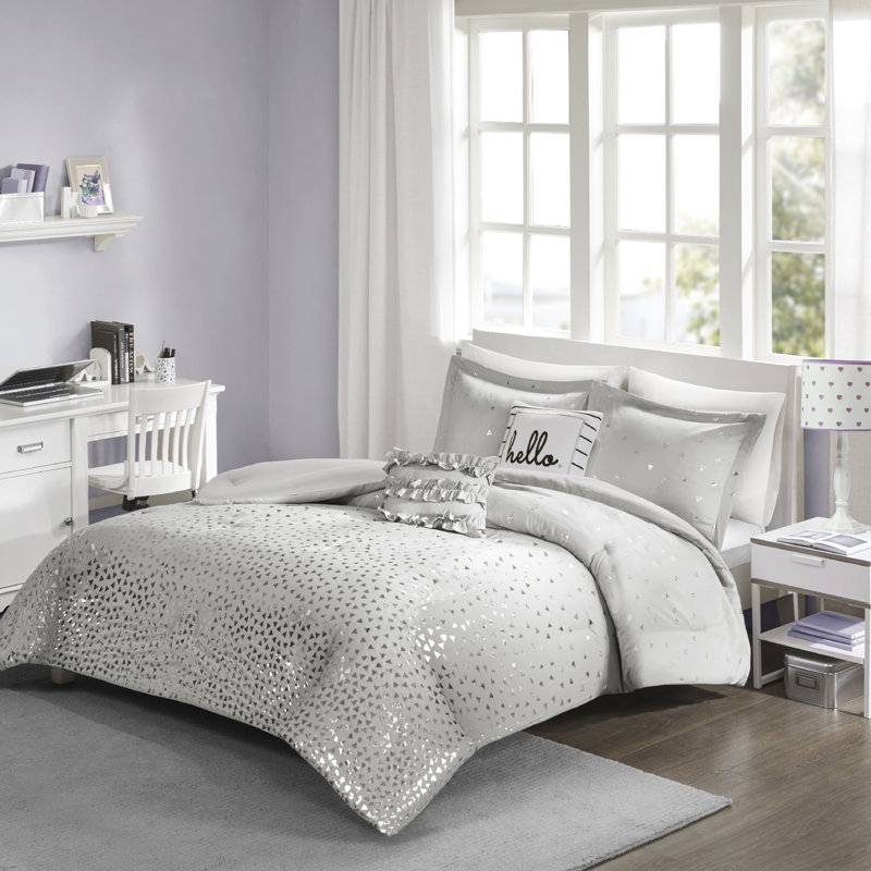 Ensemble d'édredon à imprimé triangulaire métallique , Gris / argenté, Édredon pour lit simple / simple TG + 1 taie déc