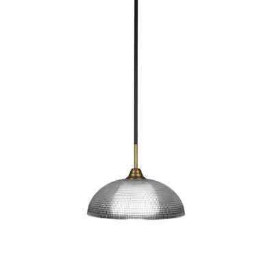 Luminaire suspendu à tige Ayrshire, fini noir mat et laiton avec verre côtelé transparent de 13 po