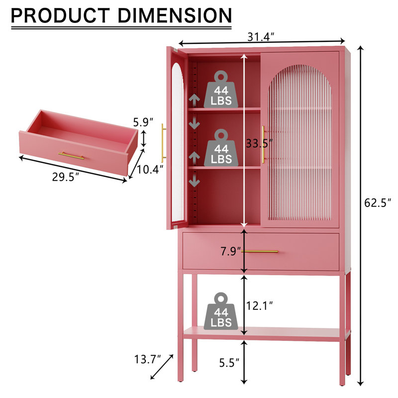  63"H Glass Display Cabinet With Drawer And Shelf, Pink