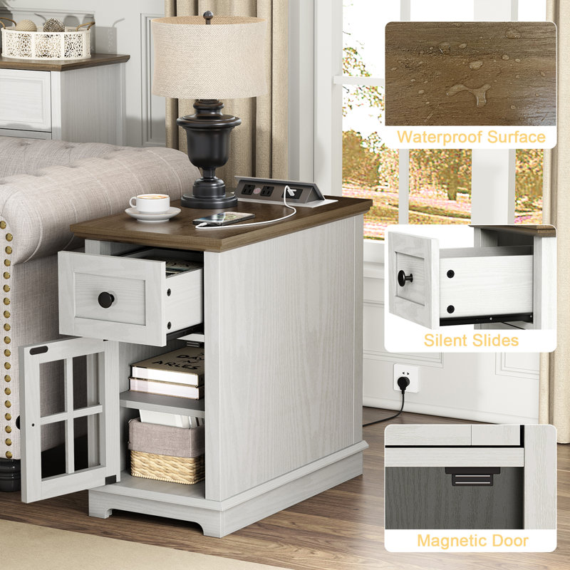 1-Drawers End Tables for Living Room with Storage and Built-in Outlets, White