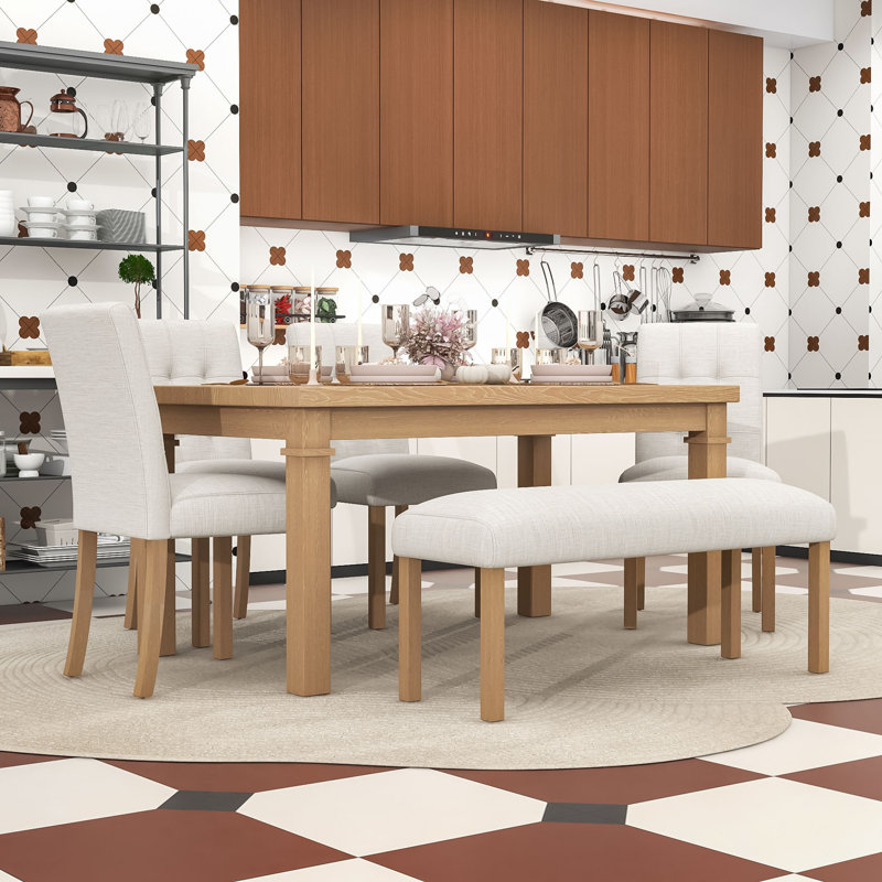 Ensemble de salle à manger 6 pièces avec banc, table rectangulaire et 4 chaises rembourrées, Naturel