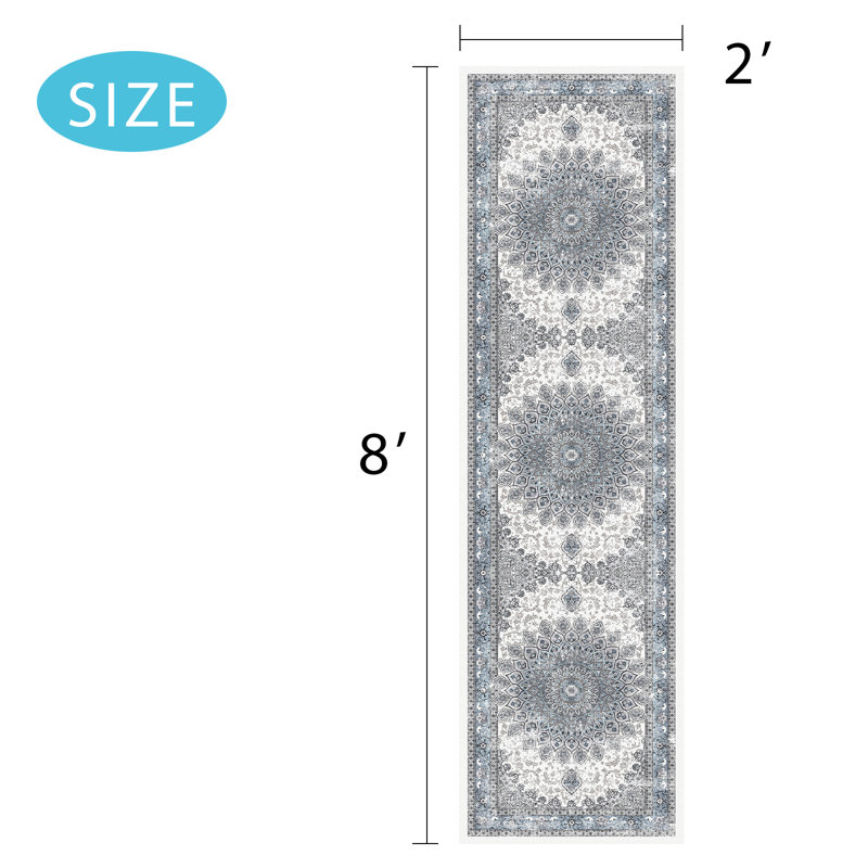 2x8 Washable Runner Rugs for Hallways Non-Slip Hallway Runners for Entrance Low Pile Vintage Runners Blue, Runner 2' x 8'