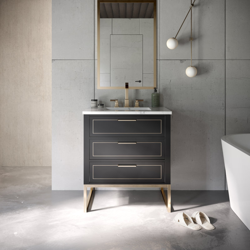Ensemble de meuble-lavabo simple 30 po Markham, Nuit noire, Marbre de Carrare, Laiton satiné