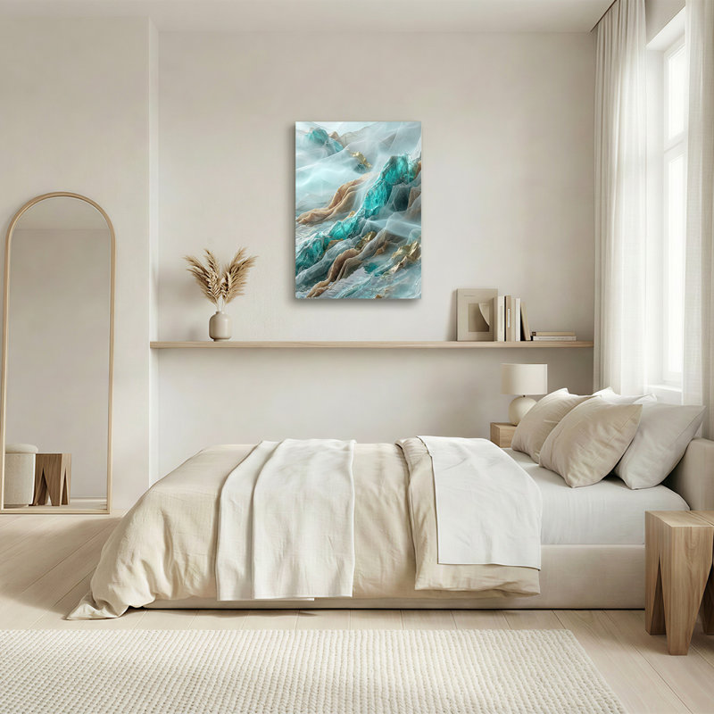 Toile abstraite turquoise et dorée, H 30 po x l 20 po