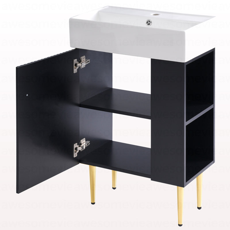 Meuble-lavabo noir 21,6 po, armoire combinée, meuble de rangement pour salle de bain, lavabo simple en céramique, rangement à droite