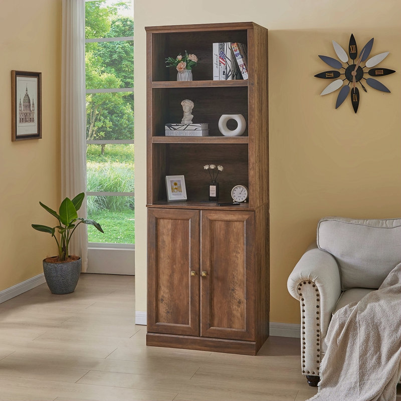 1 Doors Bookshelf With USB Port And 3 Open Shelves Bookcase Side Cabinet Storage Shelves, Rustic, Brown