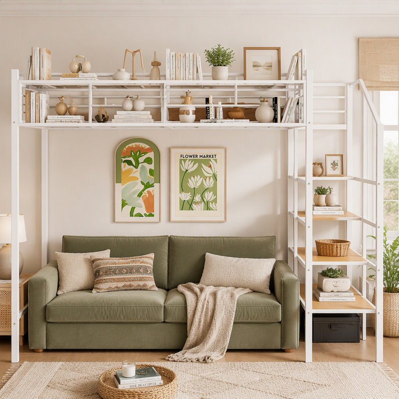 Structure de lit mezzanine en métal avec tablette de rangement à grille supérieure et échelle de rangement latérale à 4 niveaux, lit surélevé contemporain peu encombrant pour la chambre à coucher