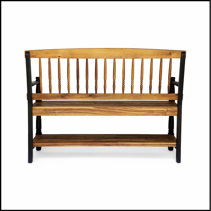 Banc Timeless Farmhouse avec tablette intégrée pour le rangement et finition élégante en teck, parfait pour les entrées et les salles à manger