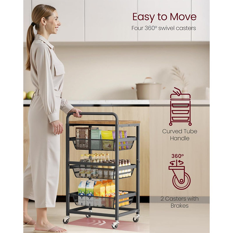 Chariot de rangement roulant à 4 niveaux avec paniers coulissants, organisateur utilitaire sur roulettes avec poignée pour la cuisine, la salle de lavage et l'organisation à la maison